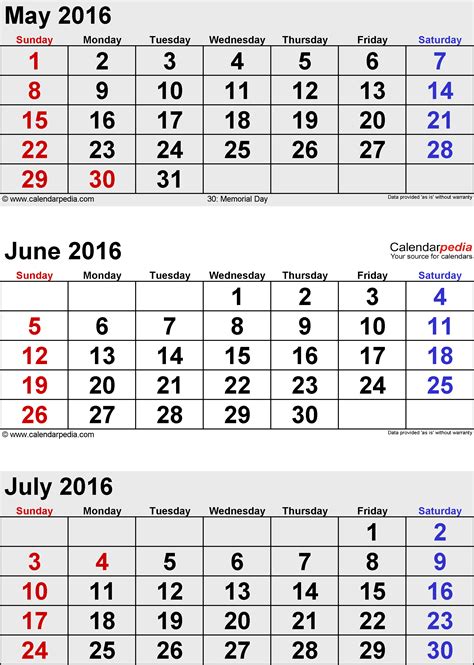 July 2016 Calendar | Templates for PDF, Excel and Word