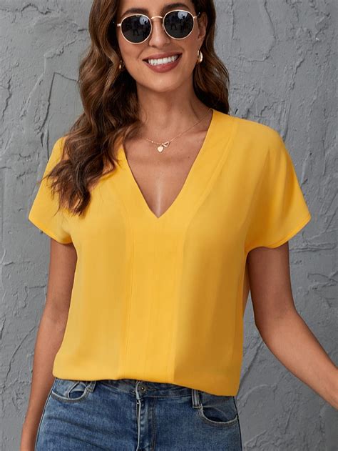 Solid V Neck Blouse | Blouses for women, Fashion outfits, Simple outfits