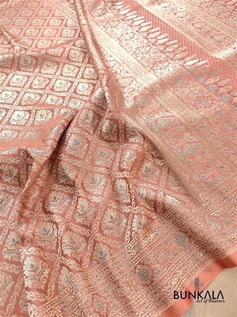 Shop Glimmering Peach Meenakari Brocade Mashru Silk Banarasi Saree ...