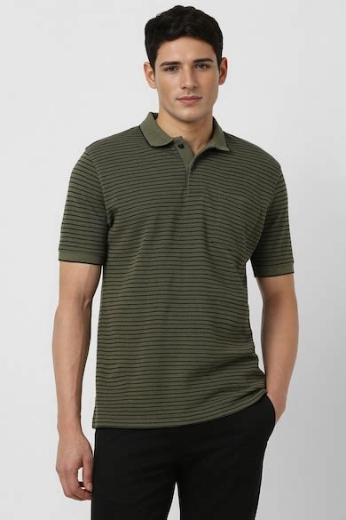 Buy Men Olive Stripe Polo Neck T-shirt Online - 39839058 | Peter England