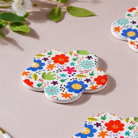 Springy Zest Flower Ceramic Coaster Set Of 4
