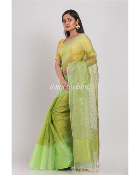 Green sequins handwoven silk muslin saree – angoshobha