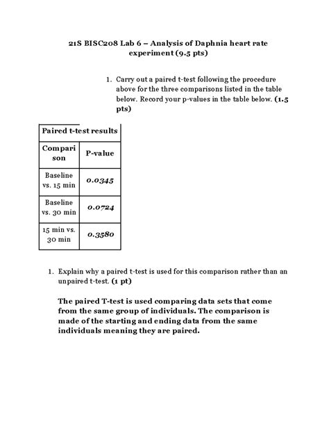 Lab 6 – Analysis of Daphnia heart rate experiment - Record your p-values in the table below. (1 ...