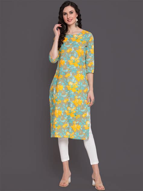 Printed Straight Calf Length 3/4 Sleeves Round Neck Cotton Slub Kurta ...