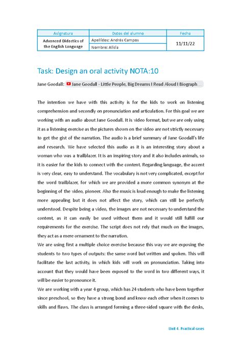 Act1 Design An Oral Act Alicia Andres - Advanced Didactics of the ...