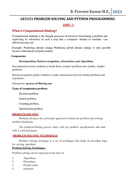 GE3151 Unit I Problem Solving AND Python Programming - GE3151 PROBLEM ...