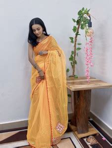 Buy Lady Raiment Embellished, Embroidered Bollywood Organza Yellow ...
