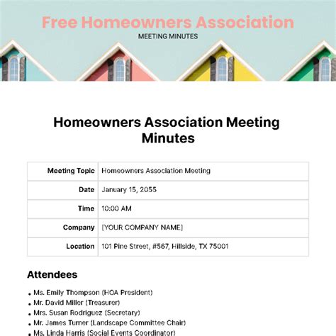 Free Homeowners Association Meeting Minutes Template to Edit Online
