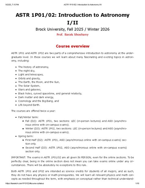 ASTR 1P01/1P02 Introduction to Astronomy Course Overview and Schedule - Studocu