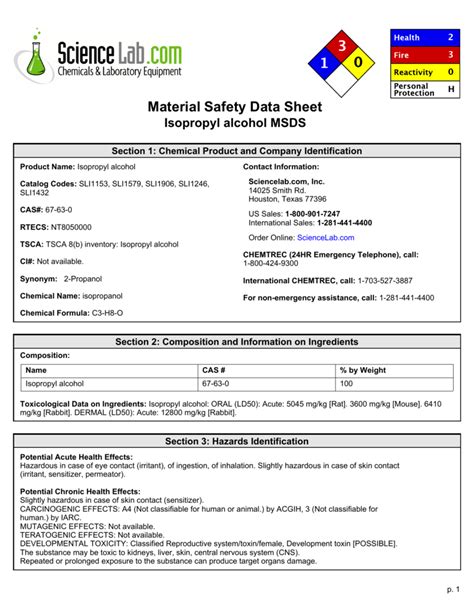 Safety Data Sheet Isopropyl Alcohol 70 at Rickey Park blog