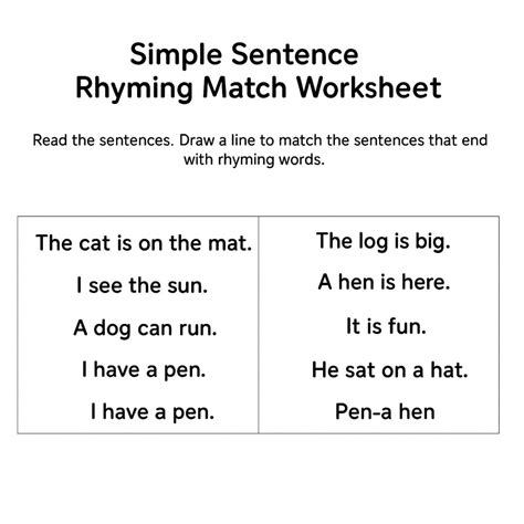 Simple Sentence Rhyming Match Worksheet - Download & Print Now!