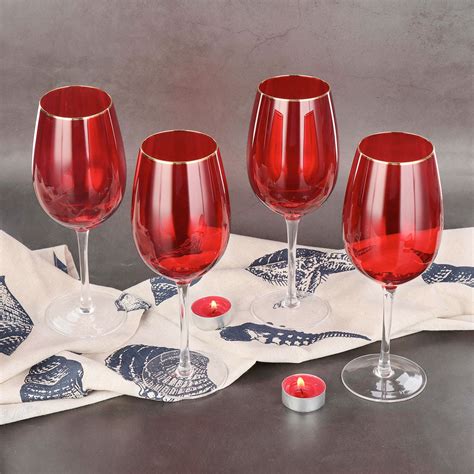Sparkleware Large Red Coloured Wine Glasses with Golden Rim - Set of 4 ...