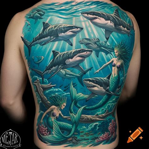 Full back tattoo depicting an underwater scene with multiple sharks and two mermaids swimming ...