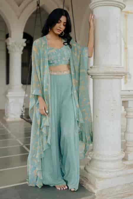 Buy Blue Jacket And Palazzo Georgette & Crop Top Cotton Silk Mirror ...