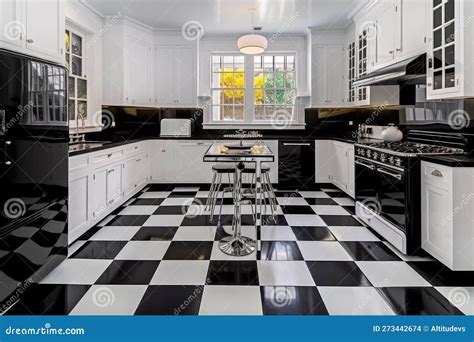 Art Deco Kitchen, with Sleek Black and White Tile Floor and Vintage ...