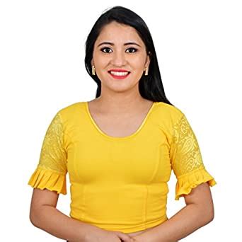 Buy Isha Studio Yellow Ruffle Sleeves U neck Stretchable Cotton Lycra ...