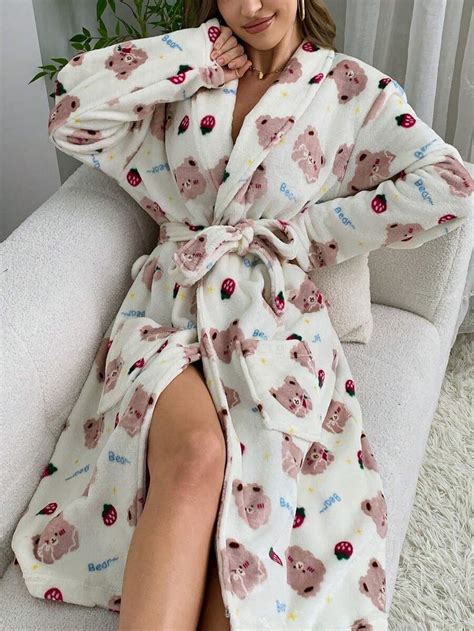 Plush Cute Bear Pattern Super Warm Belted Bathrobe, Women Long Robe ...