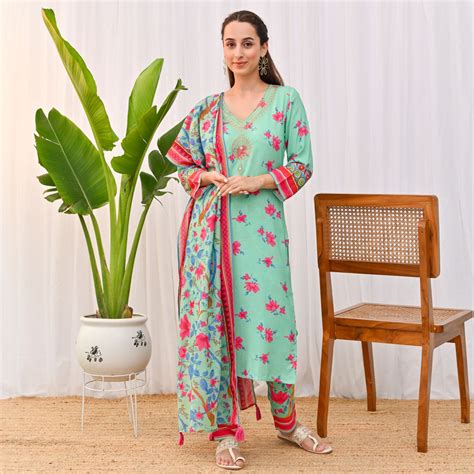 Buy Mint Green Lotus Printed Salwar Kurta Set with Dupatta & Neck ...