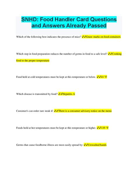 SNHD: Food Handler Card Questions and Answers Already Passed | Exams ...