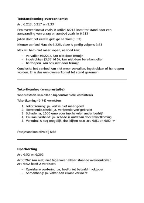 Tutoraat Privaatrecht Oefenen: Overeenkomst en Wanprestatie (Art. 6:213 ...
