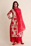 Buy Red Chanderi Keyhole Neck Roshan Floral Blossom Print Kurta Pant ...