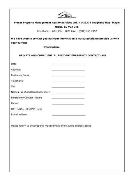 Fillable Online Emergency Contact Sheet - fraserpm.com Fax Email Print ...