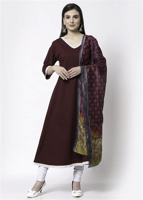 Get Burgandy Printed V-Neck Cotton Kurta And Dupatta Set at ₹ 1302 ...