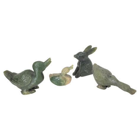 Natural Spinach Jade Duck and Rabbit Figures from Qing Dynasty For Sale ...