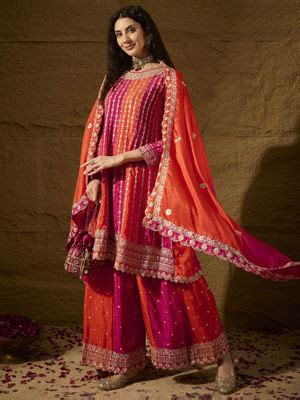 Buy Miss Ethnik Orange Embroidered Kurta & Sharara with Dupatta (Set of ...