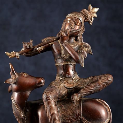 Brass Krishna Seated on Cow Statue Copper tone | 21" – Budhshiv.com