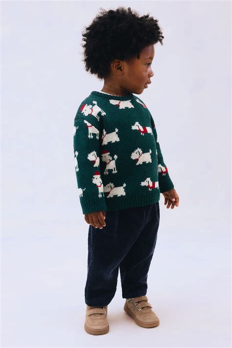 Jacquard-knit cotton jumper - Dark green/Dogs - Kids | H&M IN