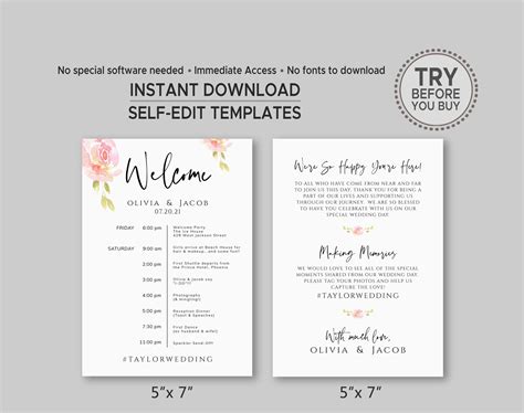 Floral Wedding Program Template Wedding Timeline Template - Etsy