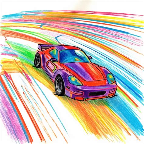Premium Photo | A drawing of a colorful car driving on a track with a rainbow background ...
