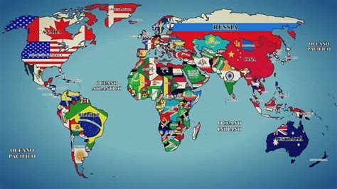 World Map with Painted Countries and Flags