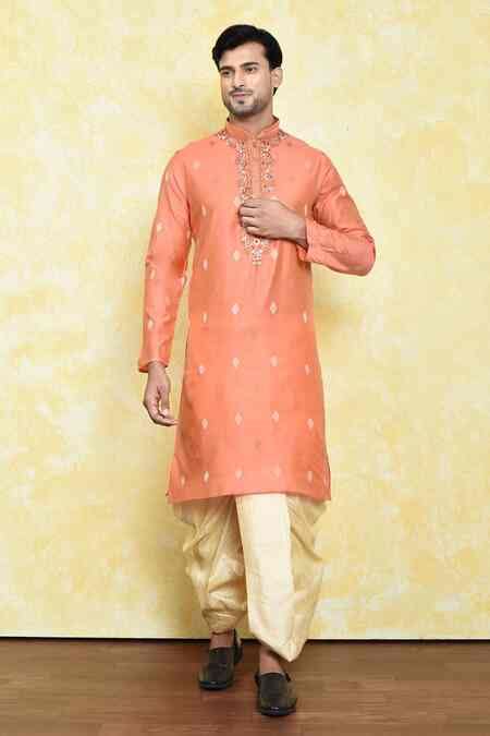 Buy Yellow Silk Embroidery Floral Motif Kurta With Dhoti Pant For Men ...