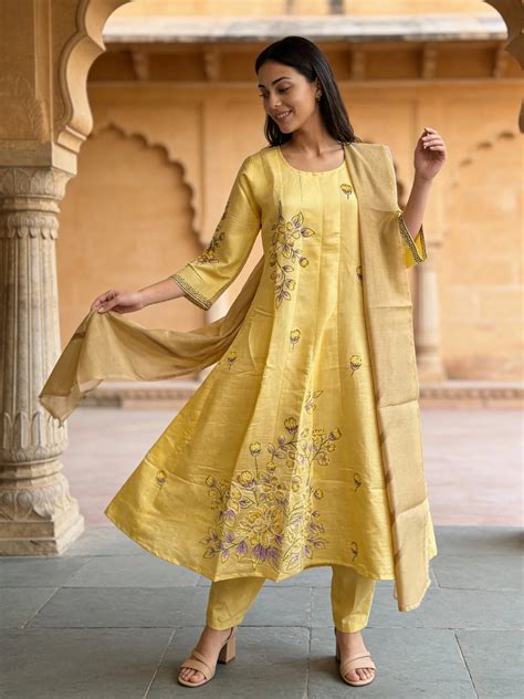 Poly Viscose Emblishment Anarkali Calf Length Kurta and Pant With Dupa ...
