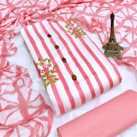 Yoursnhers Coral Stylish Pure Cotton White Floral Embroidered Stripe ...