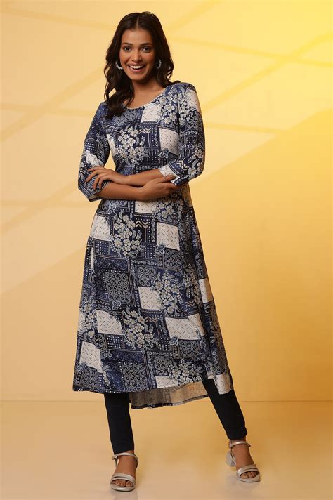 Buy Blue Floral Printed Patch Work Flared Kurta and Leggings Set Online ...