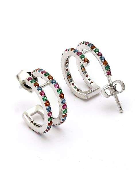 Rhodium Plated Multi Colour CZ Half Hoop Earring – Carlton London Online