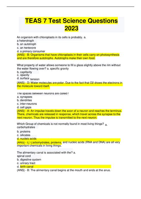 TEAS 7 Test Science Questions 2023 WITH CORRECT ANSWERS. - Browsegrades