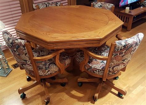 3-in-1 Oak Finish Wood Poker, Bumper Pool Table with Embroidered Chairs ...