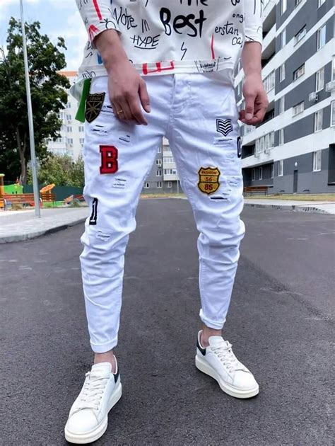 Men's Fashion Ripped Letter Embroidered Stretch Skinny Jeans | SHEIN USA
