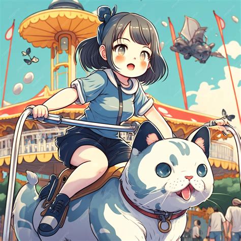 Premium Photo | Anime girl riding a cat on a carousel ride at a ...