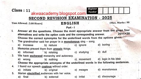 11th English 2nd Revision Test Question Paper 2025 Triupathur Dt ...