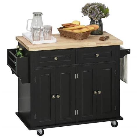 Buy Rolling Black Kitchen Island Cart on Wheels with Rubber Wood Top ...