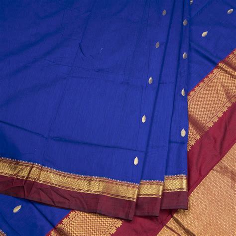 Kalyani Cotton Ink Blue Saree With Zari Buttas And Contrast Border ...