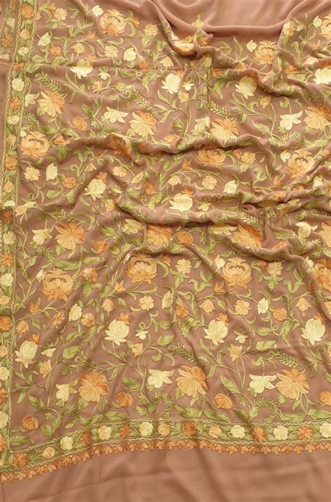 Cream Embroidered Kashmiri Aari Work Georgette Floral Design Saree ...