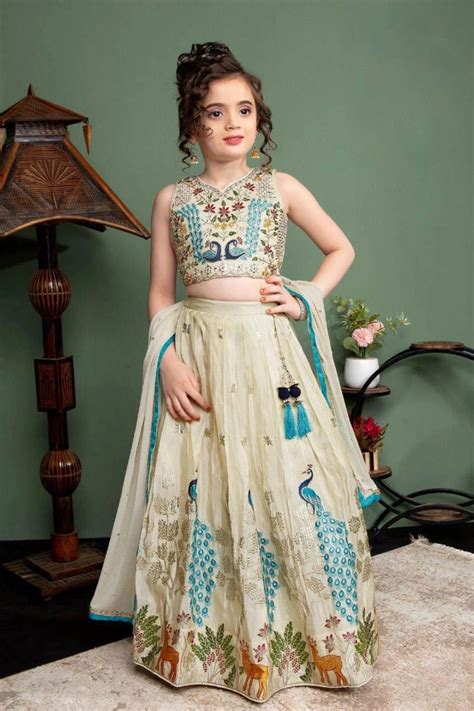 Cream Peacock Embroidered Lehenga Choli Set for Girls – Lagorii Kids