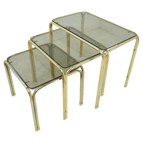 Postmodern Nesting Side Tables 1970s Chrome Cantilever Pieff Style Smoked Glass For Sale at 1stDibs