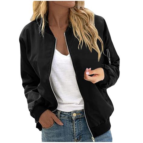 Women's Zip Up Lightweight Windproof Jacket, Fashion Solid Bomber ...